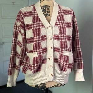 Maroon and tan cardigan sweater